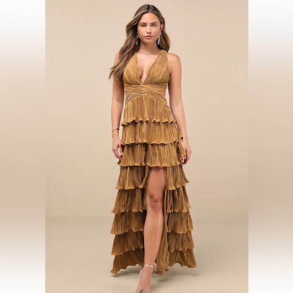 Lulus Dresses & Skirts - Lulu’s Gold Satin Formal Tiered Lace Up Maxi Dress